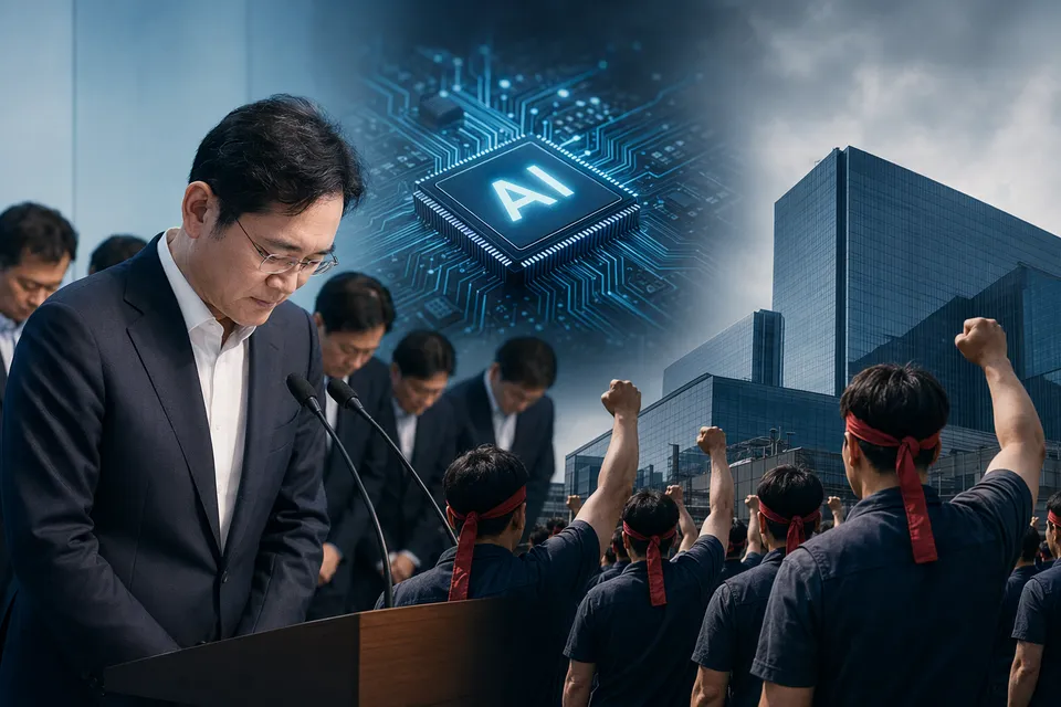 Editorial illustration of Samsung semiconductor workers and AI chips amid a labor strike dispute