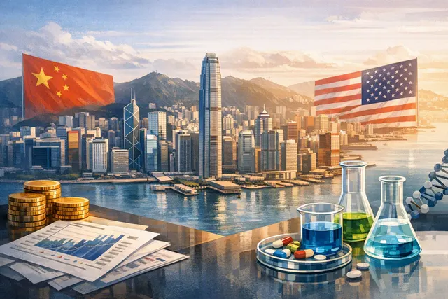 A conceptual illustration of Hong Kong's skyline with a double helix DNA strand and circuit board patterns, symbolizing the intersection of biotech innovation, AI, and finance.