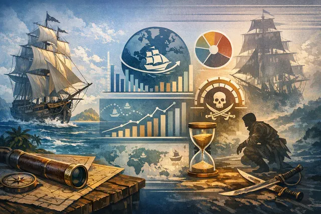 Assassin's Creed Black Flag Resynced community stats infographic showing 40.07 million kilometers sailed, 8.07 million hours crouched, and 28.29 million animals petted in the first