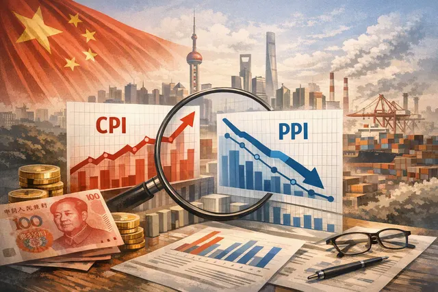 Editorial illustration of China's inflation data for July 2026 showing CPI and PPI trends and a divided economy