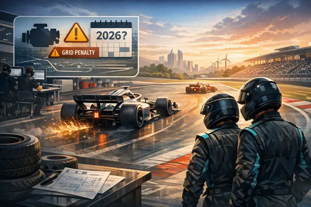 A dramatic scene from the 2026 Formula 1 season, featuring two Mercedes cars and a Ferrari racing on a circuit, symbolizing the championship battle between Kimi Antonelli and Lewis