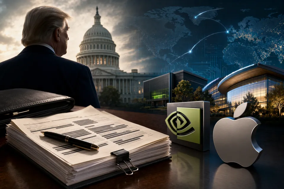 Illustration representing Donald Trump’s ethics filings and investments in major tech companies like Nvidia and Apple