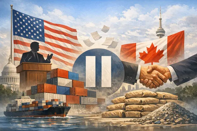 Editorial illustration of U.S.-Canada tariff negotiations and a possible Keystone XL Pipeline revival