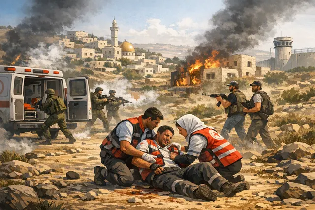 Graphic representation of occupied West Bank map with markers showing locations of recent attacks on paramedics and Palestinian residents in Bethlehem, Nablus, and Qalandiya refuge