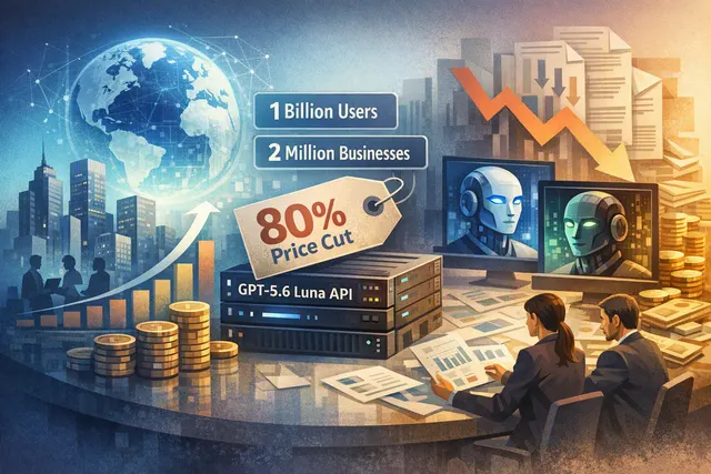 Abstract digital illustration representing OpenAI's growth to 1 billion users and aggressive API price cuts amid the AI competitive landscape.