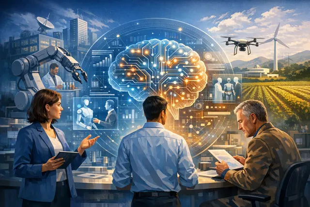 Editorial illustration of workers building careers alongside artificial intelligence