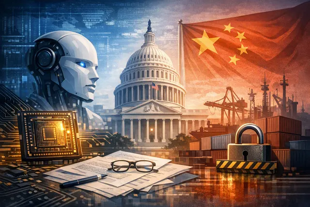 Dario Amodei, CEO of Anthropic, speaking at a podium with a US flag and digital chip graphics in the background, representing AI chip export control debates.