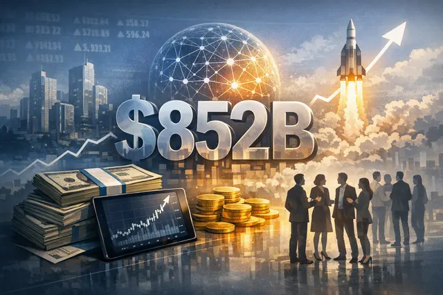 Abstract digital illustration representing OpenAI's $7 billion employee tender offer and pre-IPO valuation of $852 billion