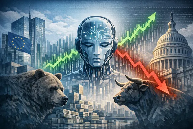 Illustration of an AI-driven stock-market rally, rising valuation charts and debt-financing risks