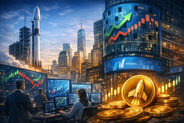 Illustration of a SpaceX rocket launching from a Nasdaq trading floor that is interconnected with a glowing Solana blockchain network.