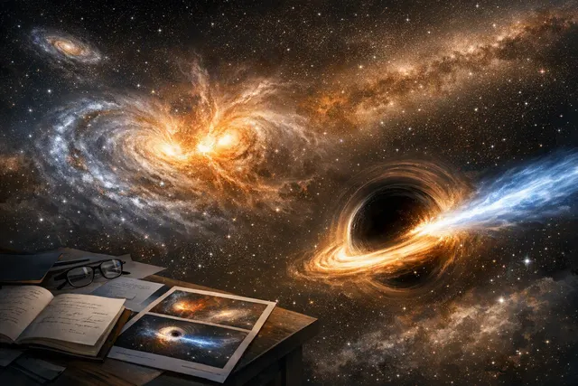 Conceptual illustration of a supermassive black hole streaking through space, leaving a wake of newborn stars behind it, based on the RBH-1 discovery.