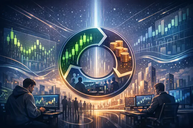 Abstract editorial illustration of Solana’s decentralized trading ecosystem, with glowing network nodes, liquidity flows, and digital market charts