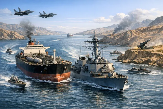 Illustration of oil tankers moving through the Strait of Hormuz under U.S. naval protection near Oman