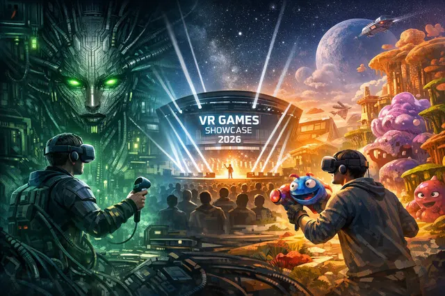 Collage of VR game logos and headsets representing the August 2026 VR Games Showcase announcements