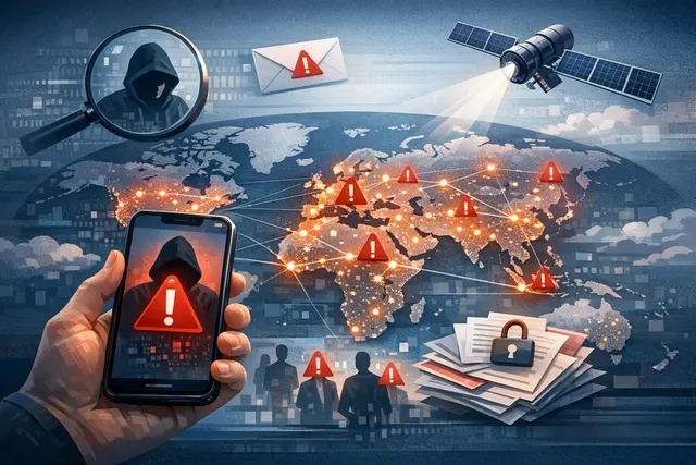 Abstract digital illustration representing a smartphone lock screen displaying a security threat alert with red warning elements