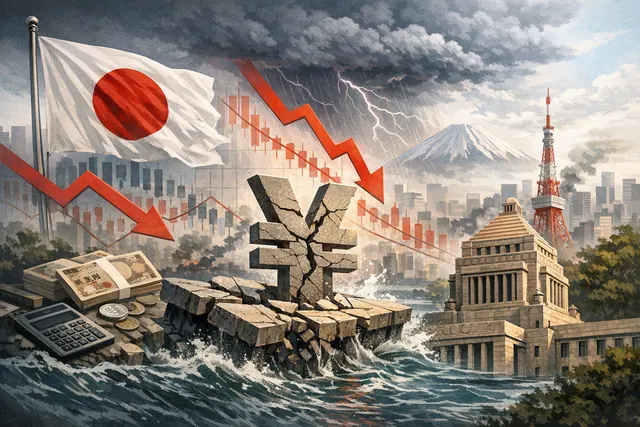 3D-rendered Japanese government bond (JGB) yield chart and Japanese yen banknotes with a rising red line symbolic of a bond market crisis, set against a dark blue background.