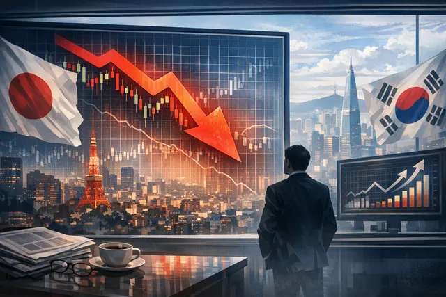 Asian stock market screens showing falling indexes beside Treasury yields and oil-price indicators