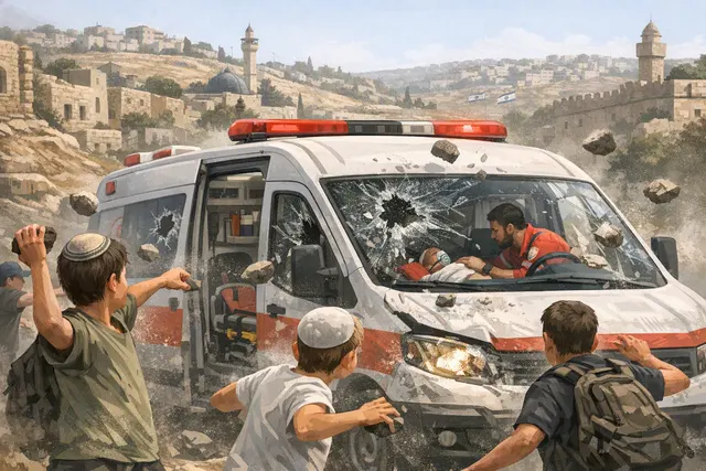 Illustrative image of a damaged Palestinian Red Crescent ambulance during an attack in the occupied West Bank
