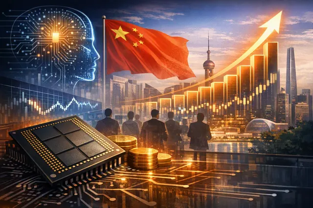 A glowing semiconductor wafer and stock market ticker symbols representing CXMT's rise to become China's most valuable company
