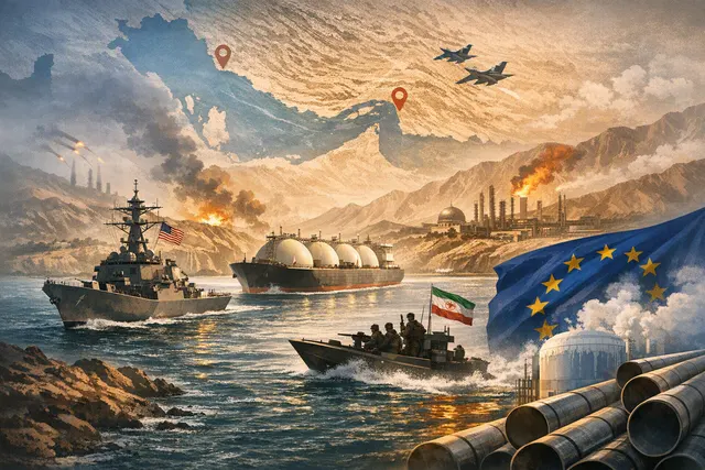 Editorial illustration of LNG tankers navigating a tense Strait of Hormuz as European gas prices and winter supply risks rise