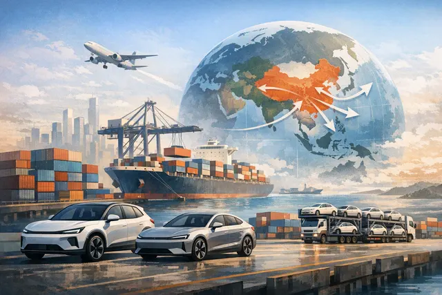 Editorial illustration of Chinese electric vehicles being exported overseas alongside a Zeekr-based Waymo robotaxi