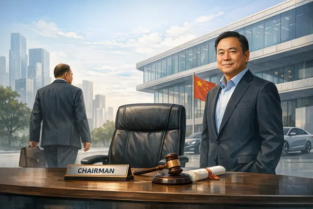 Editorial illustration of Geely’s leadership transition from Li Shufu to An Conghui
