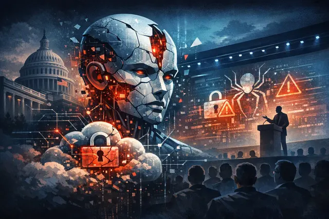 Abstract digital illustration of AI agent security vulnerability concept with network nodes and shield protecting code