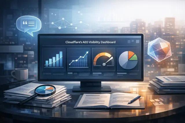Conceptual dashboard interface showing AEO metrics like Citation Rate, Mention Rate, Prominence, and Share of Voice for AI brand visibility