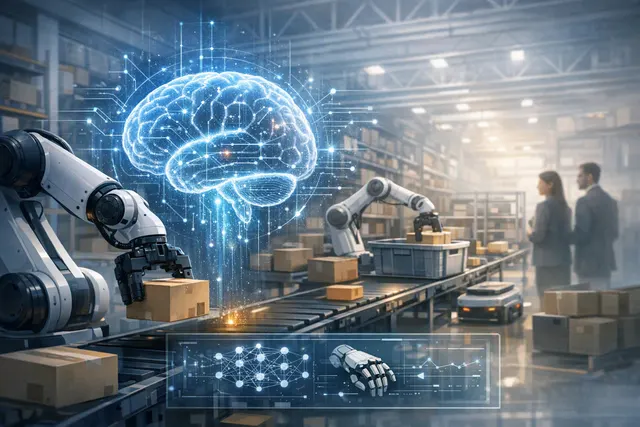 Zalando and Sereact partnership: a robotic dual-arm return station inspects and folds a garment in a warehouse, with Cortex AI brain visualization overlays — physical AI transformi