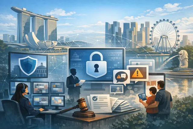 Illustration of Singapore’s Online Safety Commission addressing online harassment, doxxing and other digital harms
