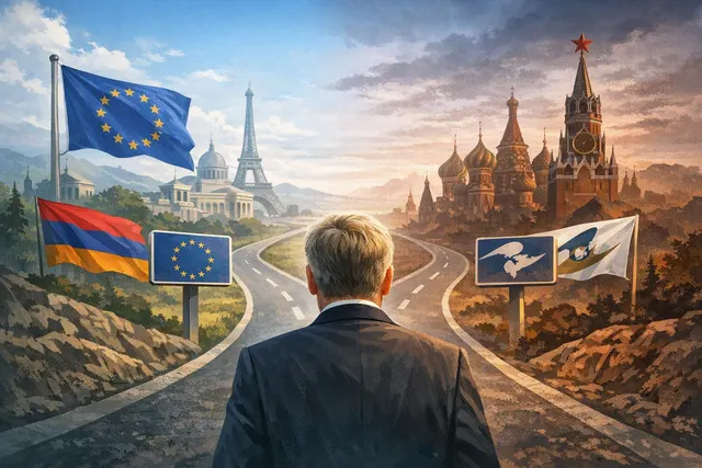 Editorial illustration of Armenia caught between the European Union and the Eurasian Economic Union as Russia applies economic pressure