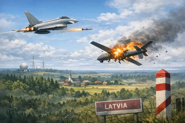 Illustration of a NATO fighter intercepting a drone over eastern Latvia