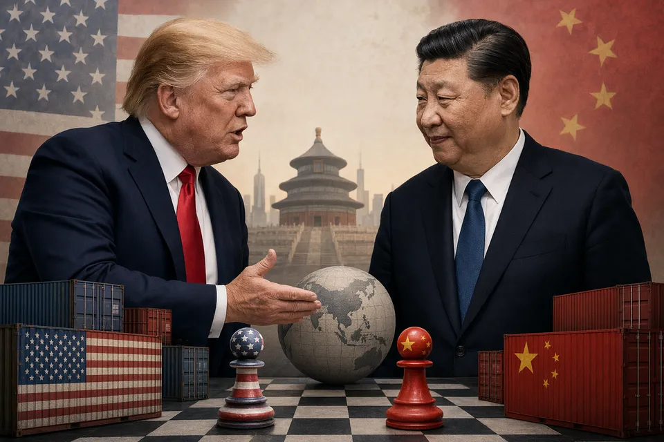 Editorial illustration of U.S. President Donald Trump and Chinese President Xi Jinping meeting in Beijing during the 2026 summit