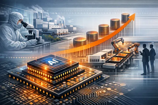 Conceptual illustration of TSMC's advanced CoWoS packaging and semiconductor wafer processing for AI chips