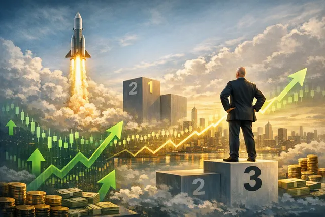 Jeff Bezos and Amazon logo with stock chart showing a surge