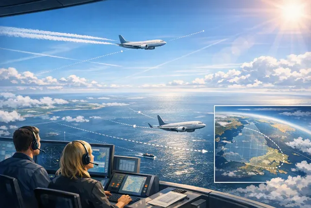 Editorial illustration of aircraft crossing the North Atlantic beneath contrails highlighted by AI weather data