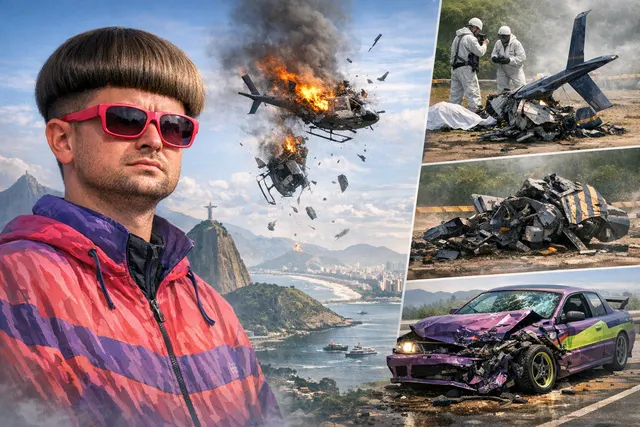 Oliver Tree performing with his signature bowl-cut hairstyle and retro sunglasses, overlaid with a muted Rio de Janeiro skyline
