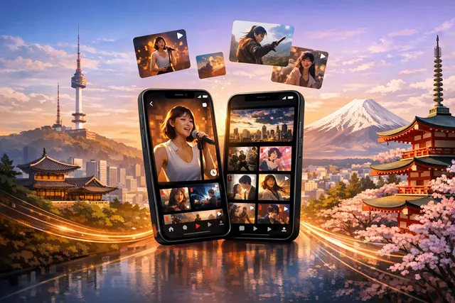 Smartphone displaying a colorful Netflix Clips vertical feed interface with themed collections and the KPop Demon Hunters game hub logo.