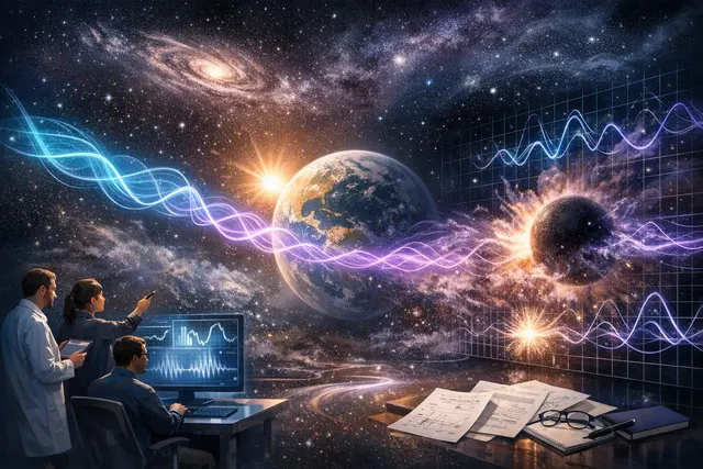 Conceptual illustration of dark photon dark matter resonantly converting in an early-universe plasma, with nonlinear plasma effects depicted as wave-like disturbances