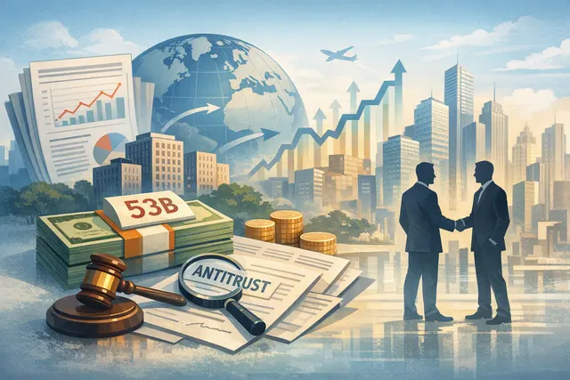 Abstract AI-generated image of a fintech deal, showing digital payment icons and a graph trending upward.