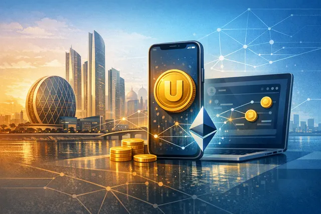 Illustration of Bitcoin.com integrating the UAE-regulated USDU stablecoin into a self-custody Ethereum wallet
