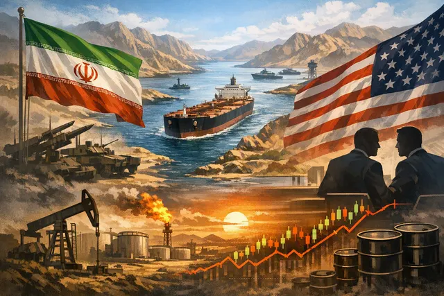 A conceptual illustration of a cargo ship approaching a narrow strait with geopolitical tension symbols, representing the Strait of Hormuz crisis and its impact on global oil marke