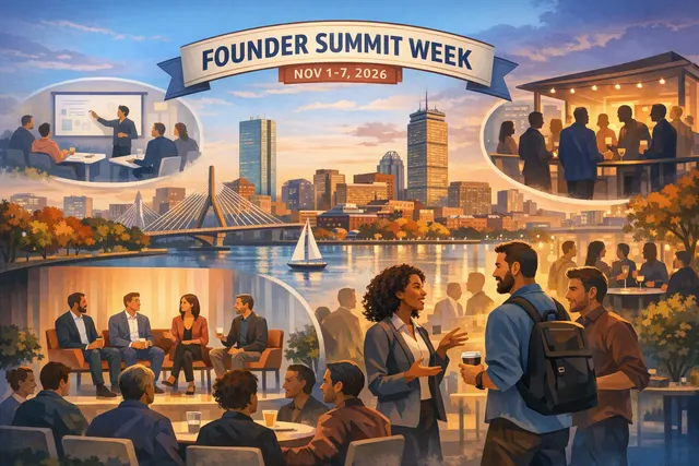 Founders and investors networking at a Boston startup event during TechCrunch Founder Summit Week