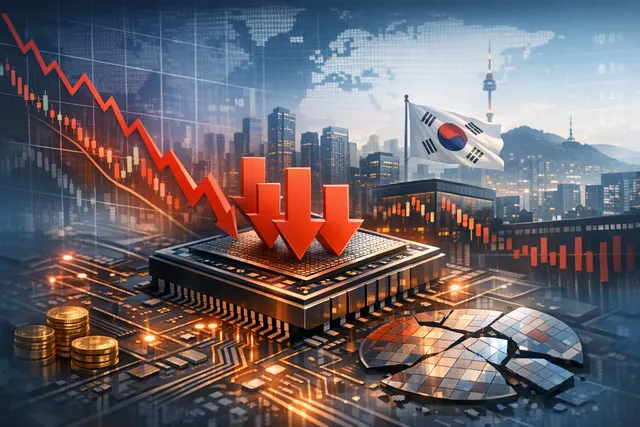 A digital illustration of a crashing semiconductor stock chart, with glowing circuit board patterns and falling red arrows, representing the global chip selloff.