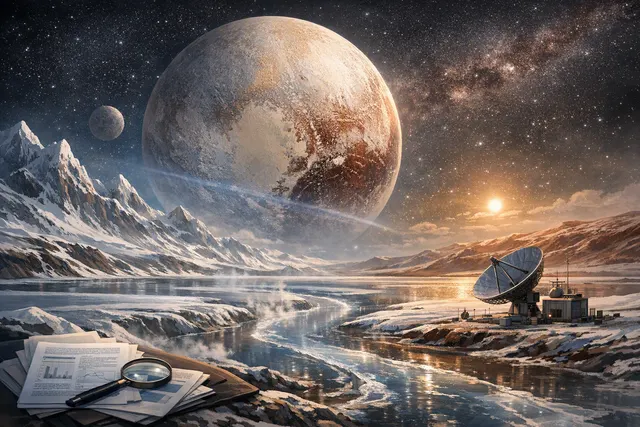 A conceptual illustration of Pluto's heart-shaped Sputnik Planitia glacier with dark streaks indicating recent liquid nitrogen flow, set against a starry space background.