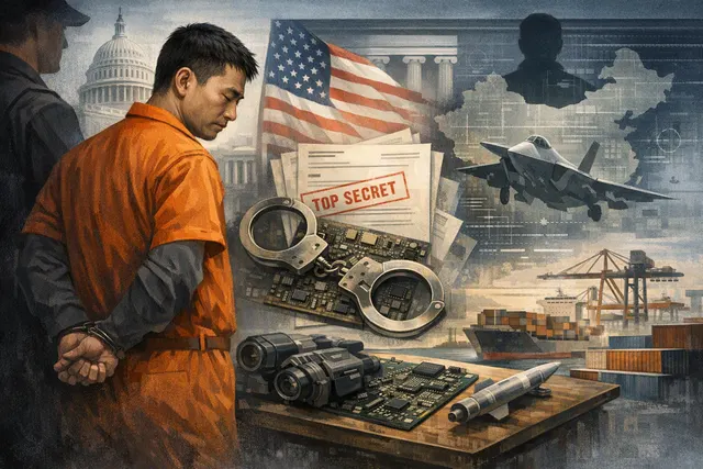 Illustration of a gavel and a computer circuit board, representing the legal case against Dingwei Chen for smuggling military-grade satellite modems.