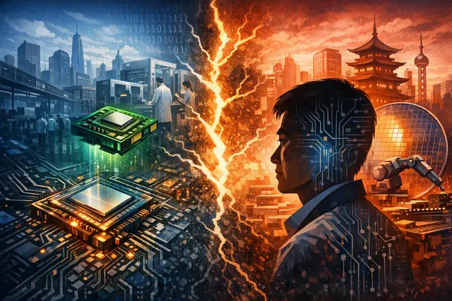 Abstract representation of a semiconductor chip with stacked vertical layers, symbolizing Huawei's LogicFolding architecture and the Tau Scaling Law as an alternative to traditiona