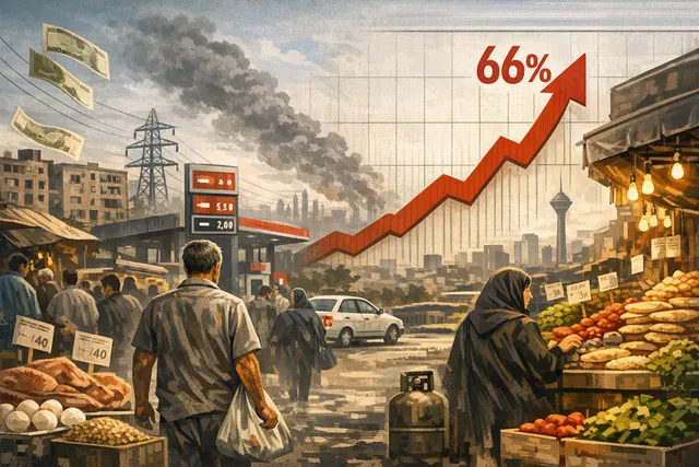 Editorial illustration of Iran’s inflation crisis, with rising food prices, a weakened rial and household financial pressure