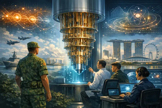 Conceptual illustration of quantum computing supporting military logistics and mission planning in Singapore