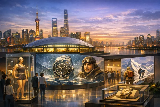 Immersive exhibition space featuring illuminated Rolex Oyster watches and historical imagery at the Oyster Story exhibition in Shanghai